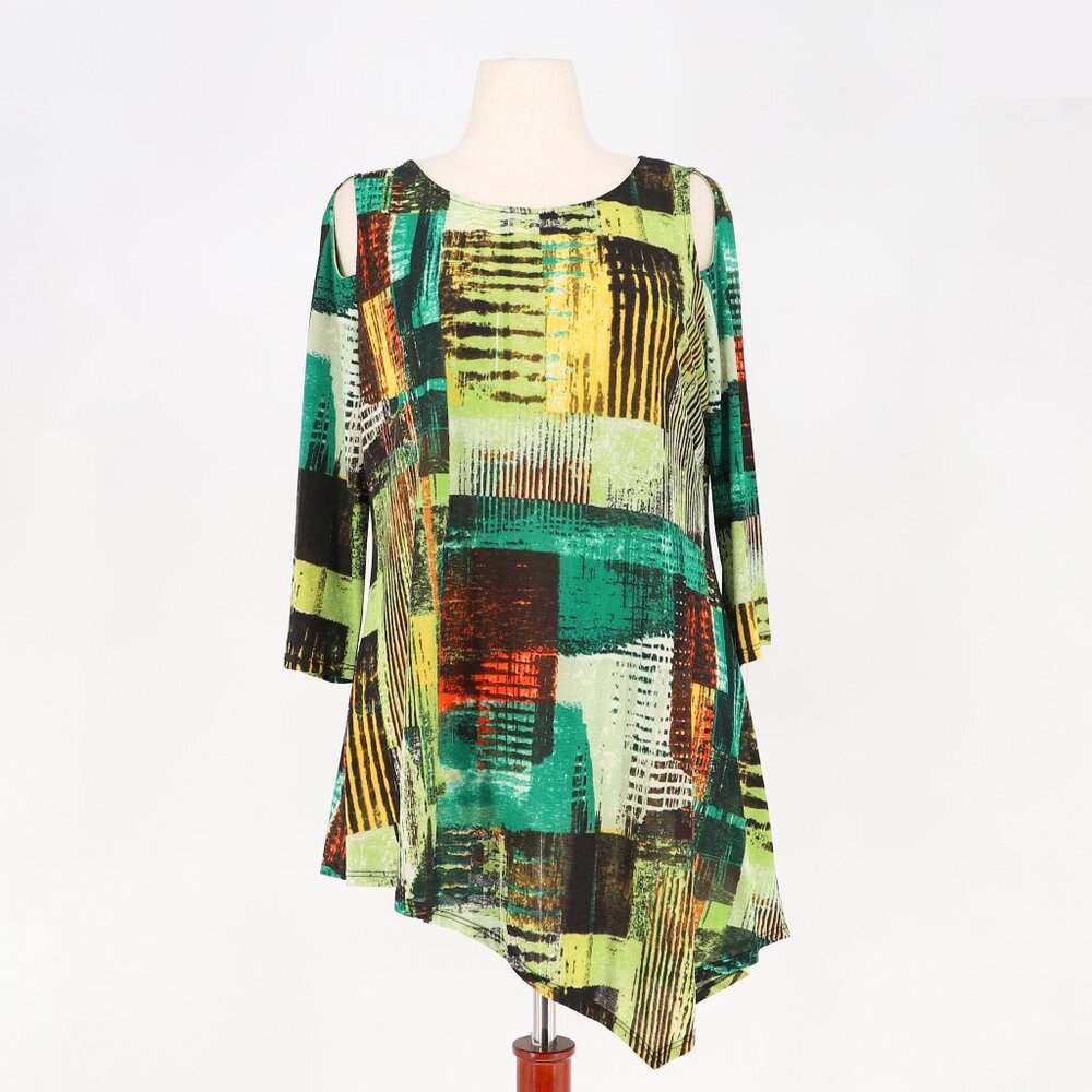 NWT IC BY CONNIE K Sheer Abstract Cold Shoulder Asymmetrical Hem Top Size L